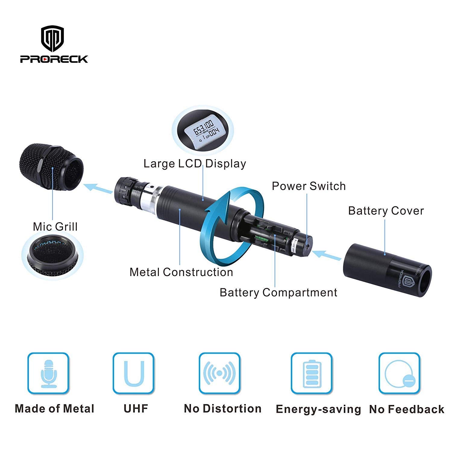 PRORECK MX66 6-Channel UHF Wireless Microphone System with 6 Hand-held Microphones Karaoke Machine for Party/Wedding/Church/Conf